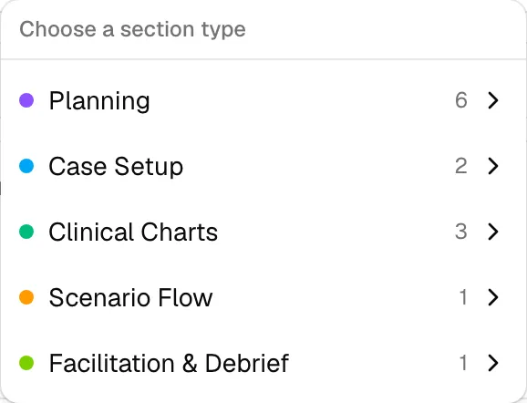 The Add Section menu, listing the section categories