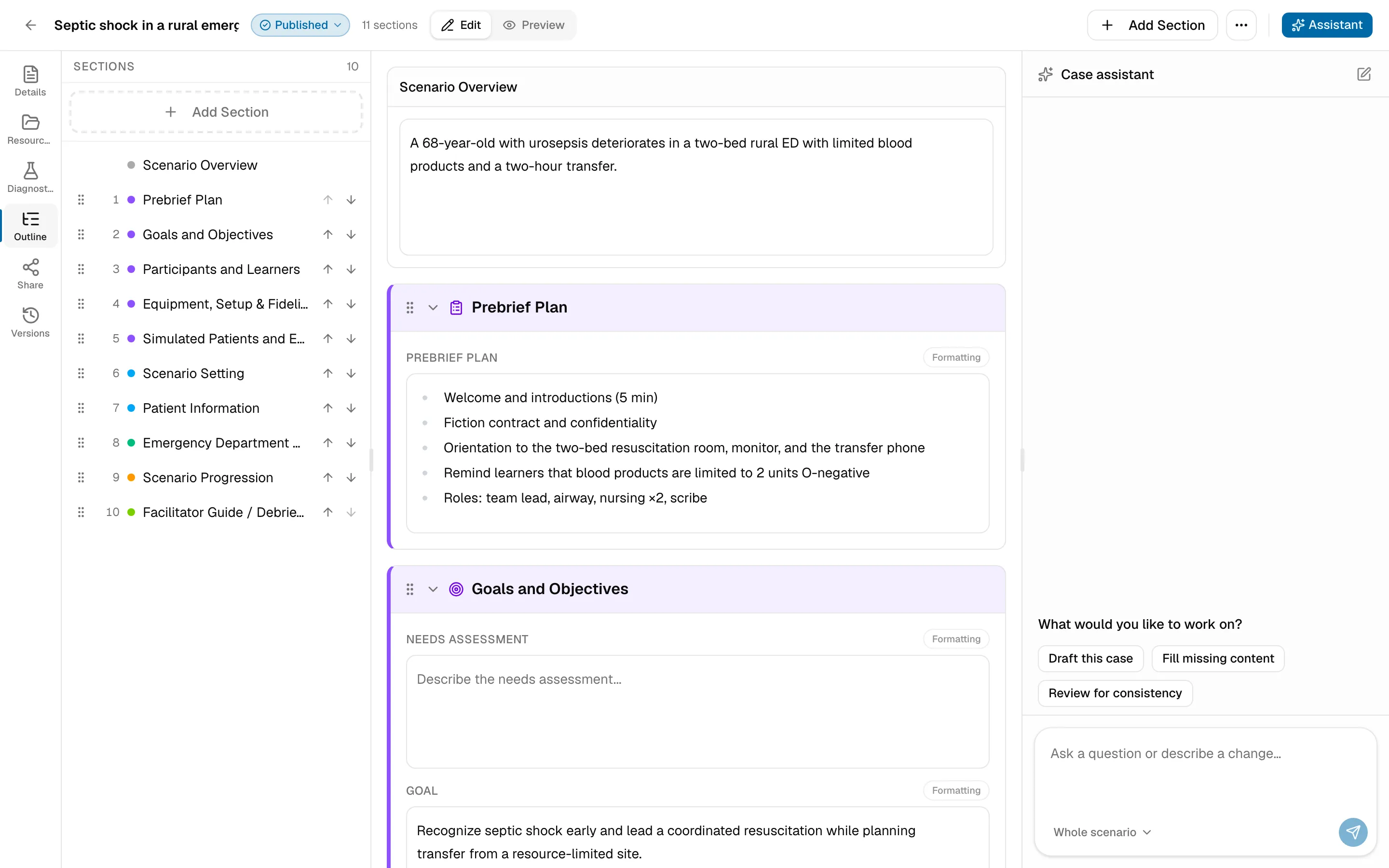 The case assistant open beside the scenario, with suggested prompts above the message box