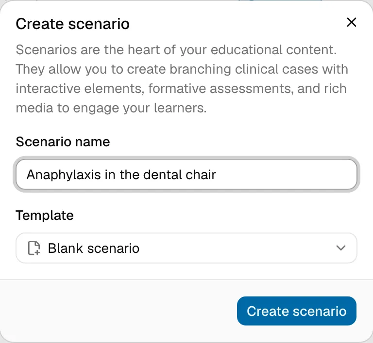 The Create scenario dialog, with the scenario name and template fields