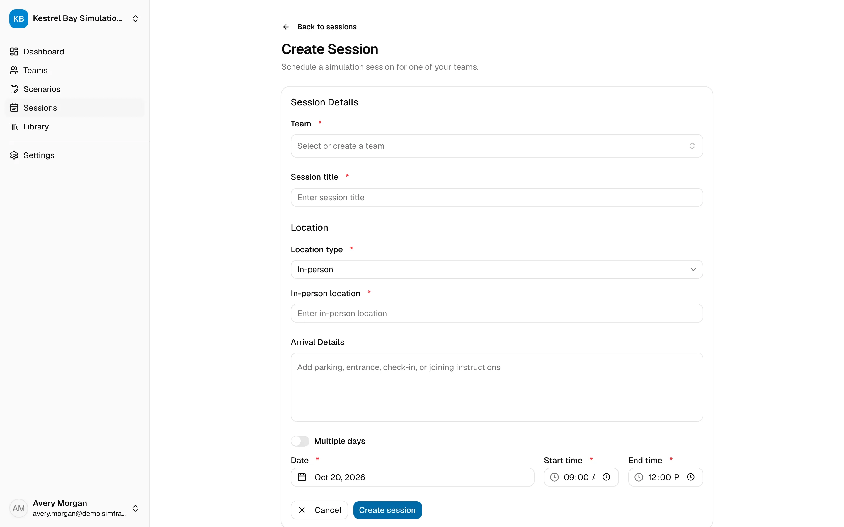 The Create Session page, with the team, title, location, and time fields