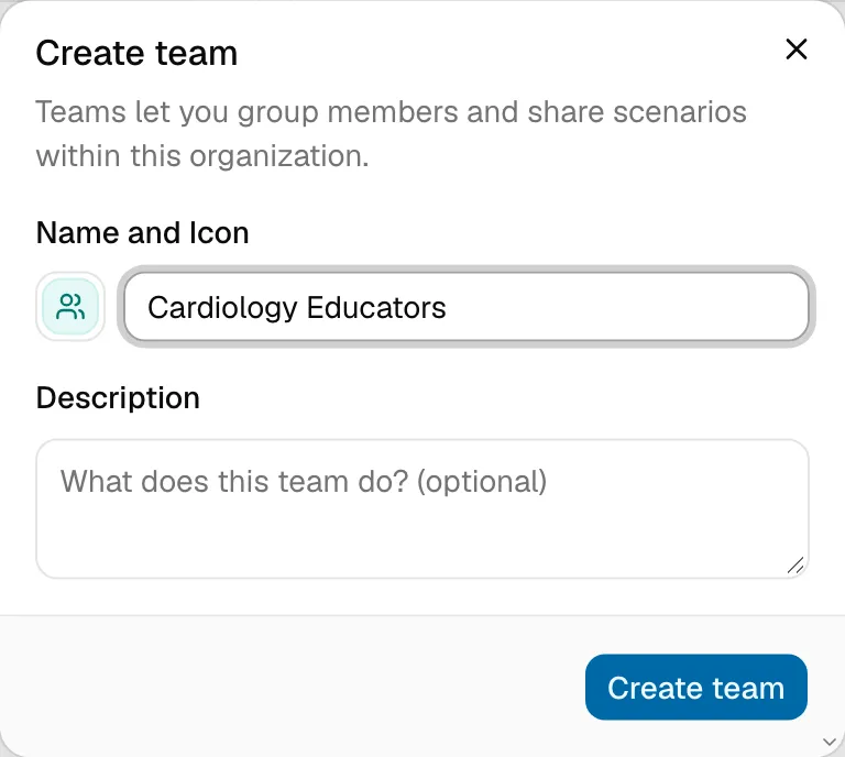 The Create team dialog, with the team’s icon, name, and description