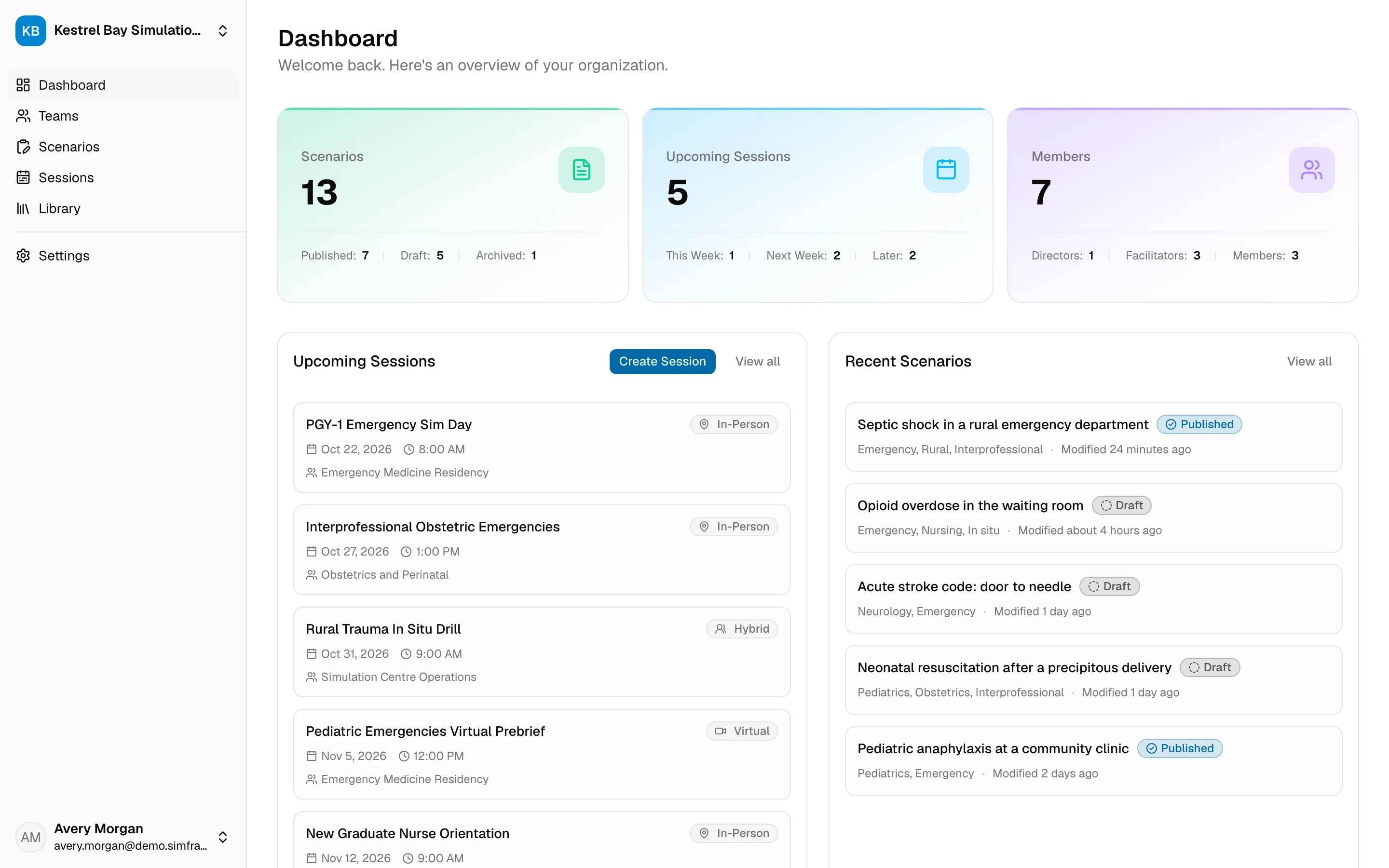 The dashboard, with counts of scenarios, upcoming sessions, and members above lists of upcoming sessions and recent scenarios