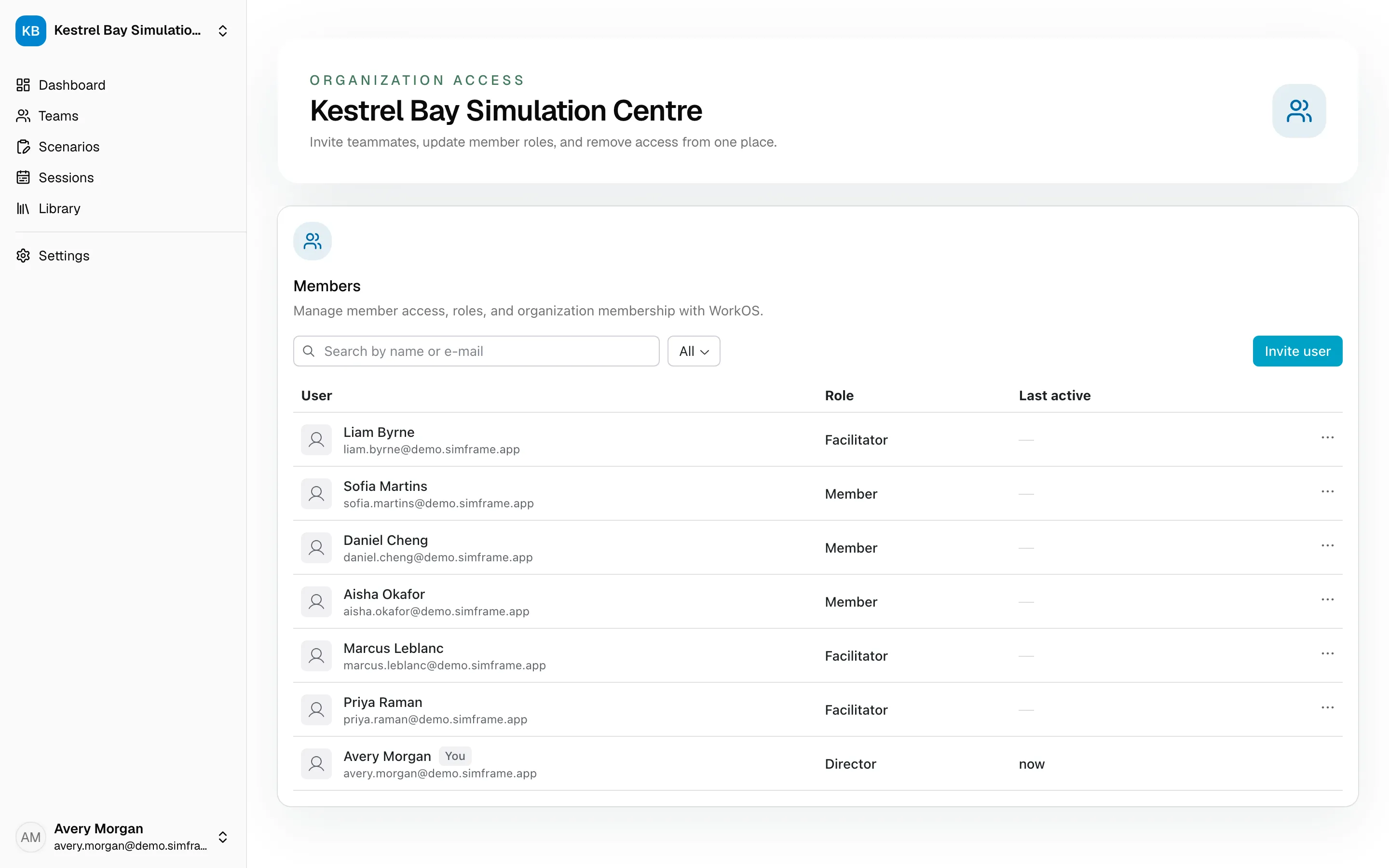 The Members page, listing each member’s name, email, role, and when they were last active, with an Invite user button