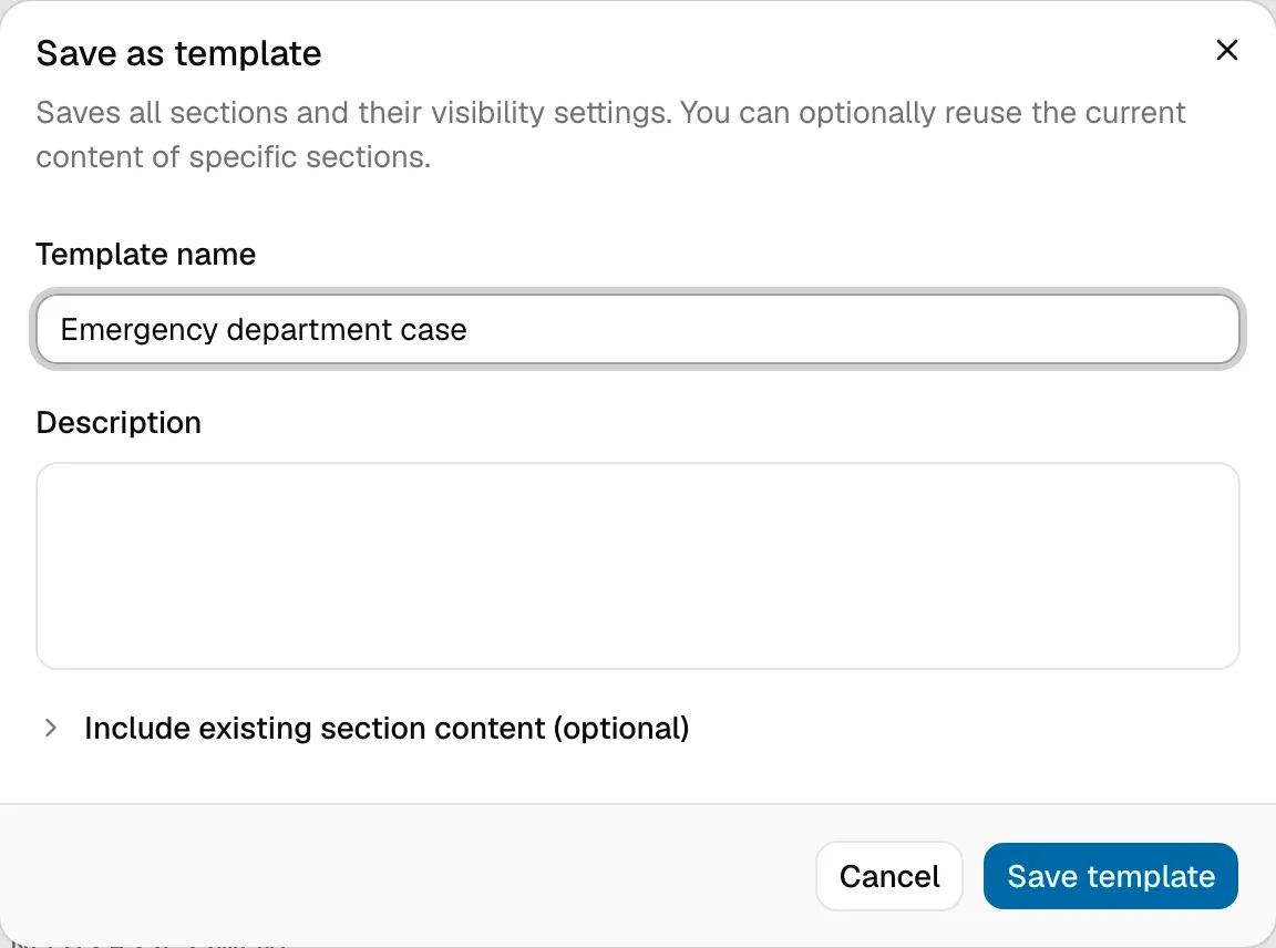 The Save as template dialog, with the template name, description, and an optional list of sections whose content to keep