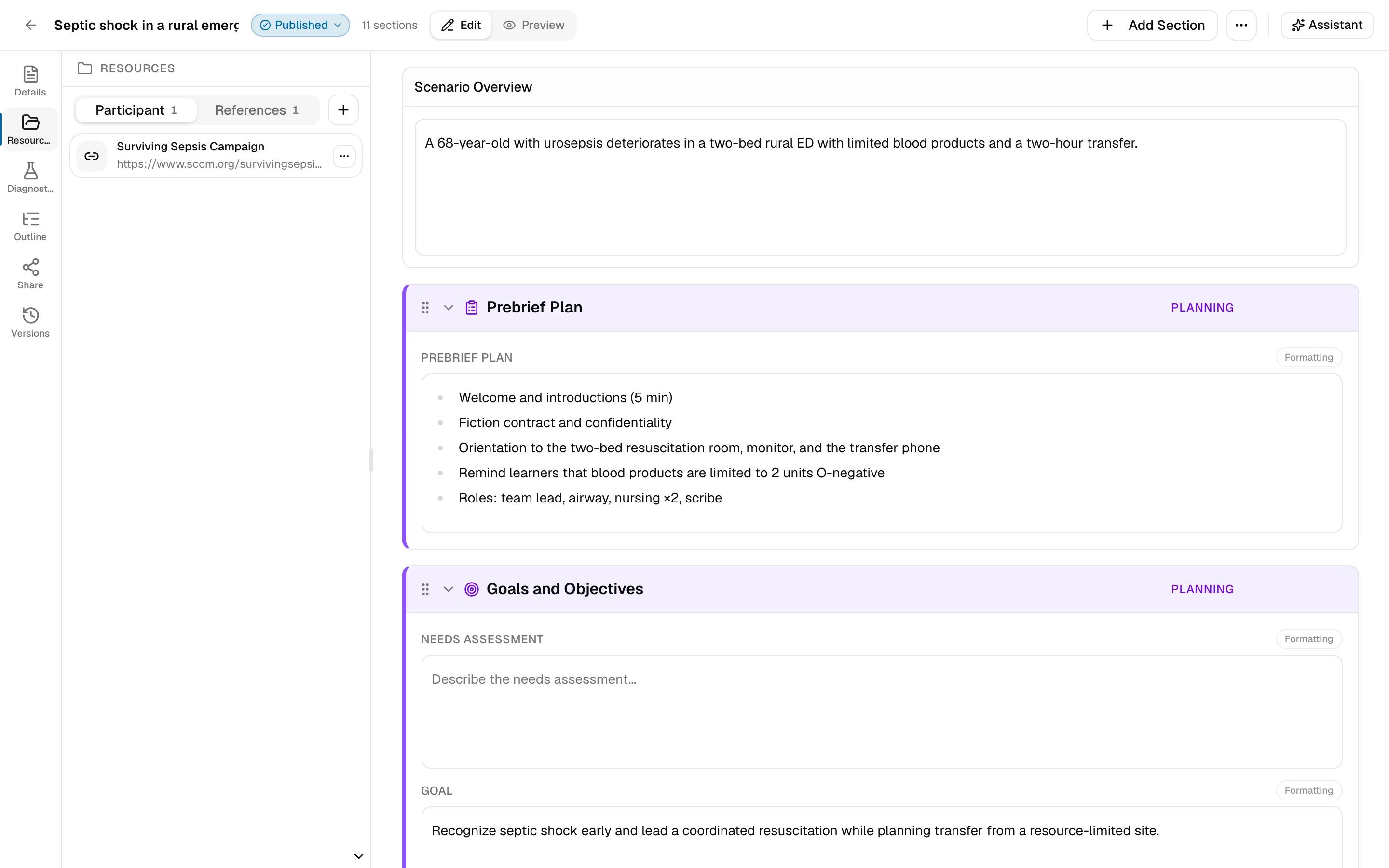 The Resources panel in the editor, with the Participant and References tabs