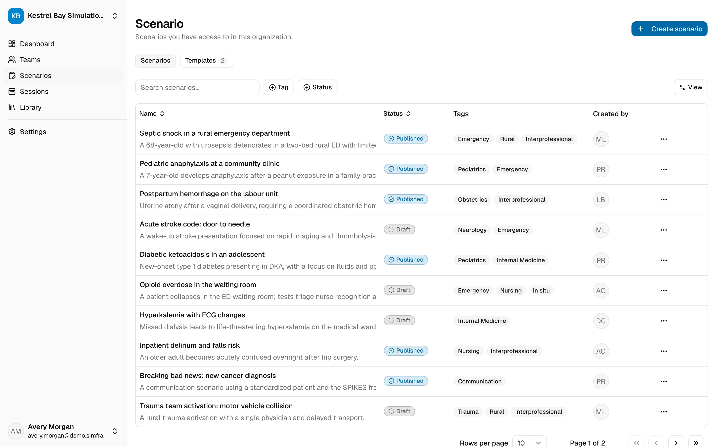 The Scenarios list, showing each scenario’s status, tags, and creator