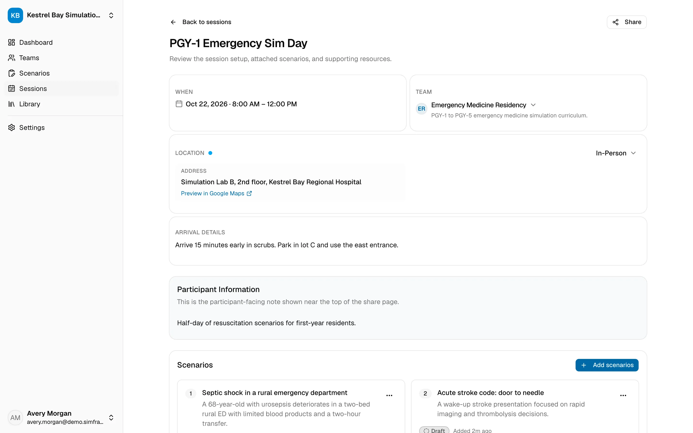 A session’s page, with its time, team, location, arrival details, participant information, and scenarios