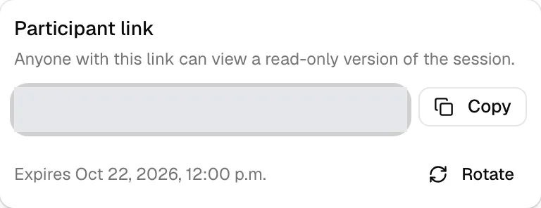 The Share popover, with the participant link, a Copy button, the link’s expiry date, and Rotate