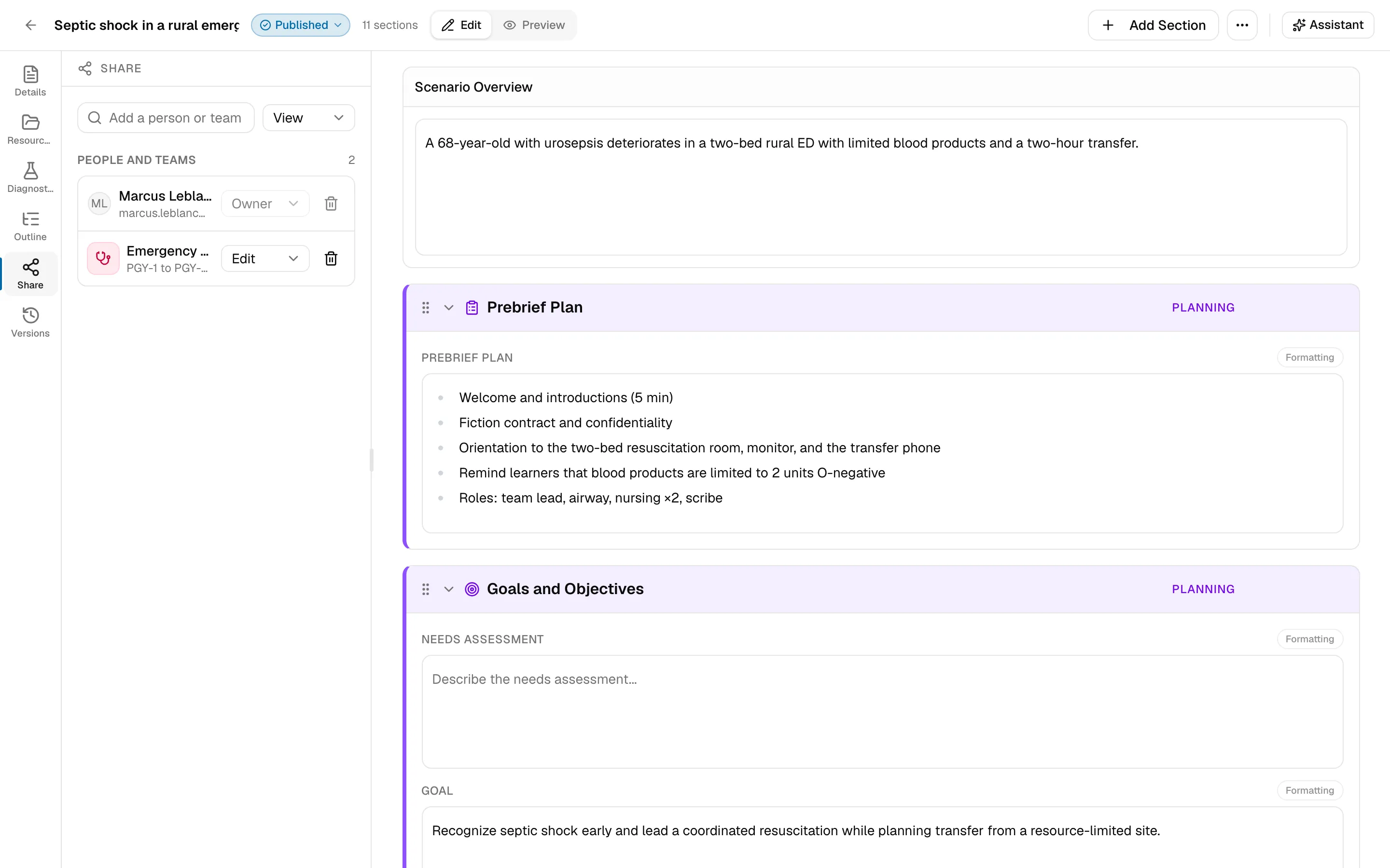 The Share panel, listing the people and teams with access to the scenario