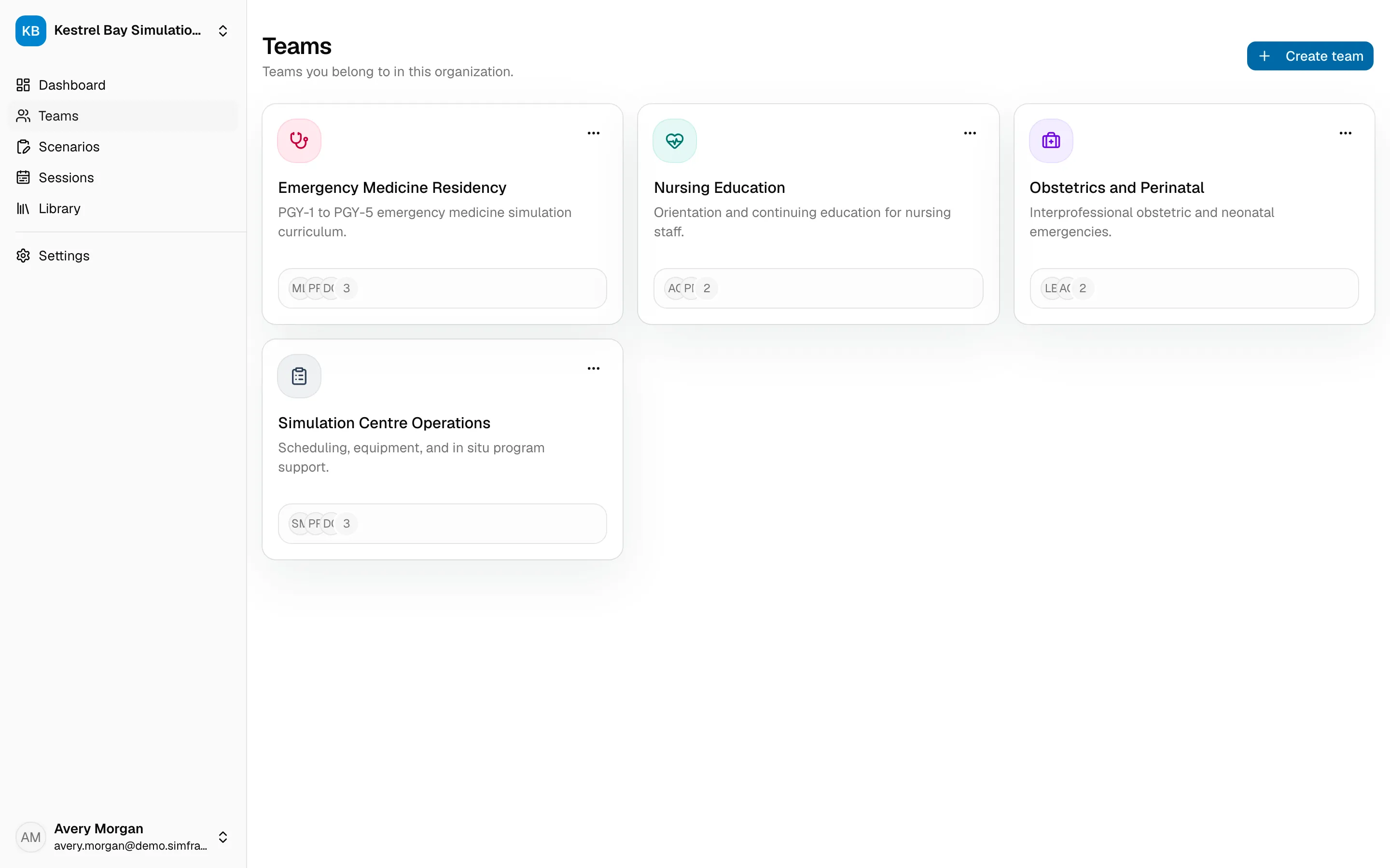 The Teams page, with a card for each team